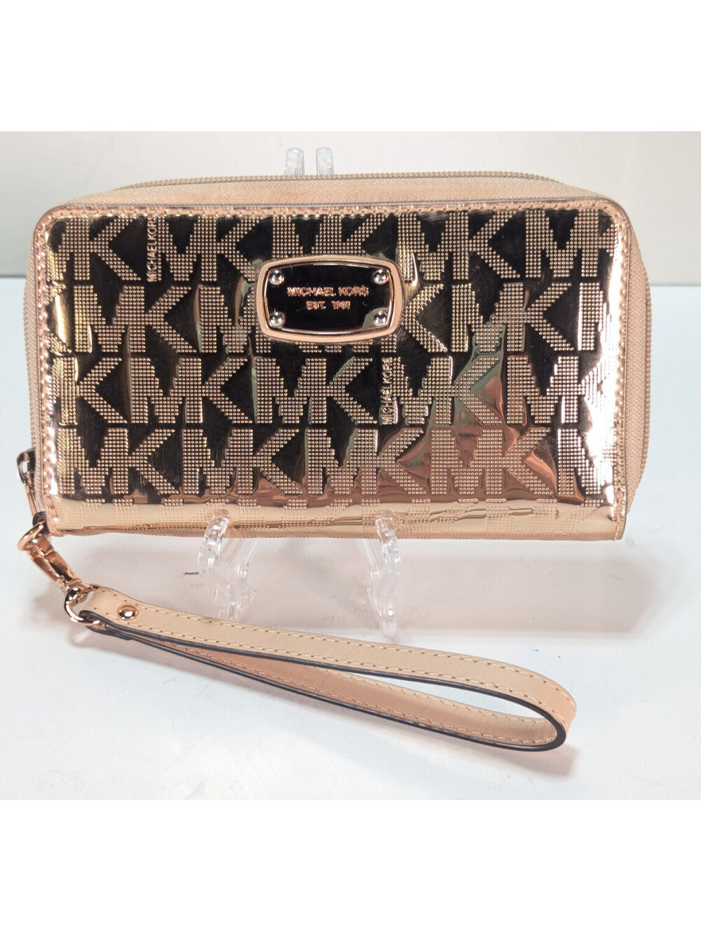 Michael Kors MK Signature Gold Metallic Wristlet Wallet Clutch Handbag Leather